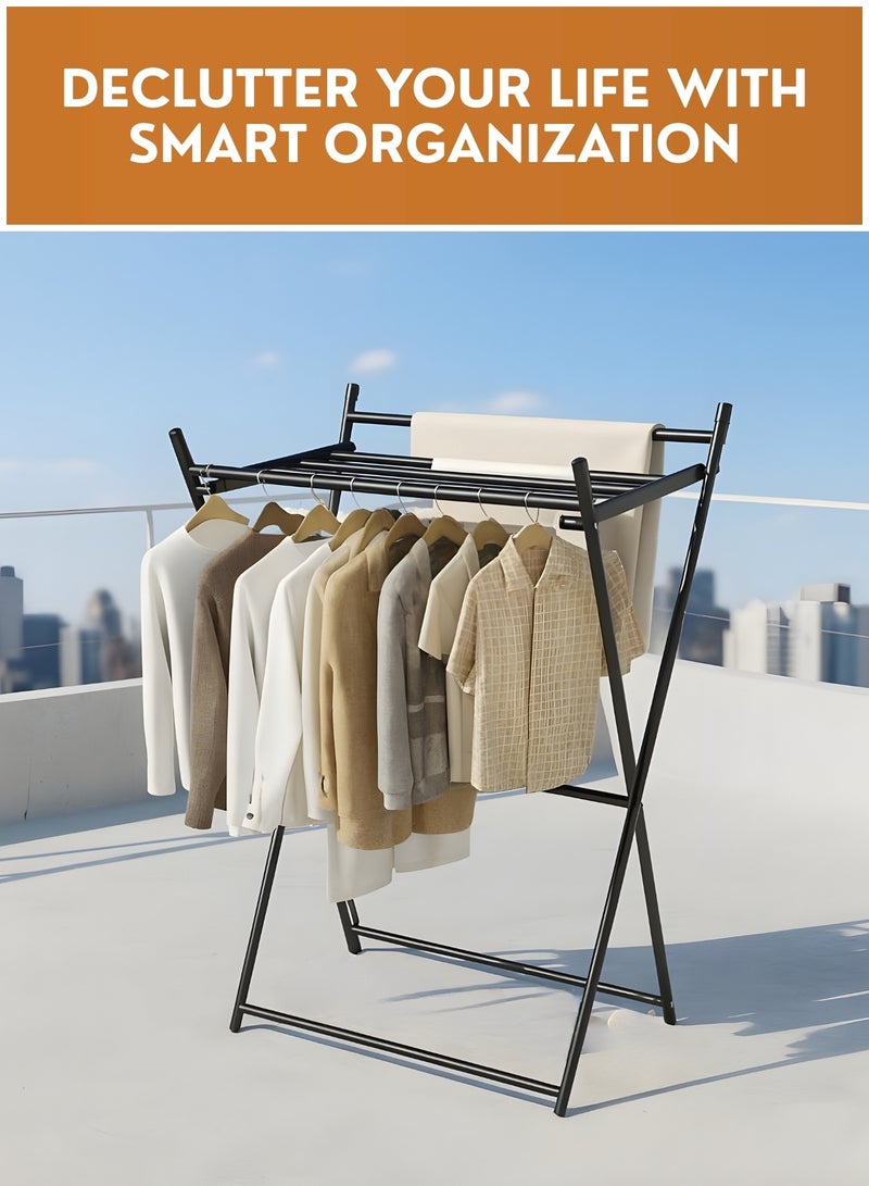 JUNI Foldable Clothes Drying Stand Heavy Duty Metal Garment Rack with Shoe Shelf, Portable Clothing Rack Stand for Bedroom & Laundry, Space-Saving, Clothes Hanger Stand Drying Rack - Image 2